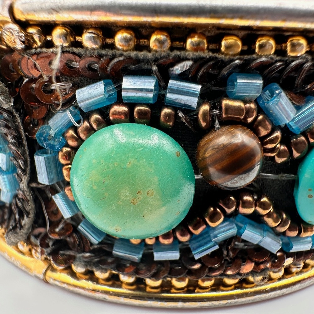 Vintage 90s Mixed Media Bangle Bracelet Turquoise Tiger Eye Glass Beaded Boho - Picture 5 of 12